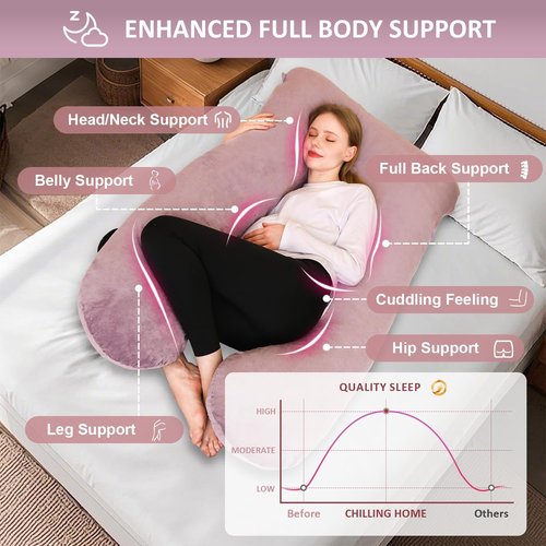 Chilling Home U-Shape Pregnancy Pillow - 55in Velvet Maternity Body Pillow in Pink for Comfortable Sleep