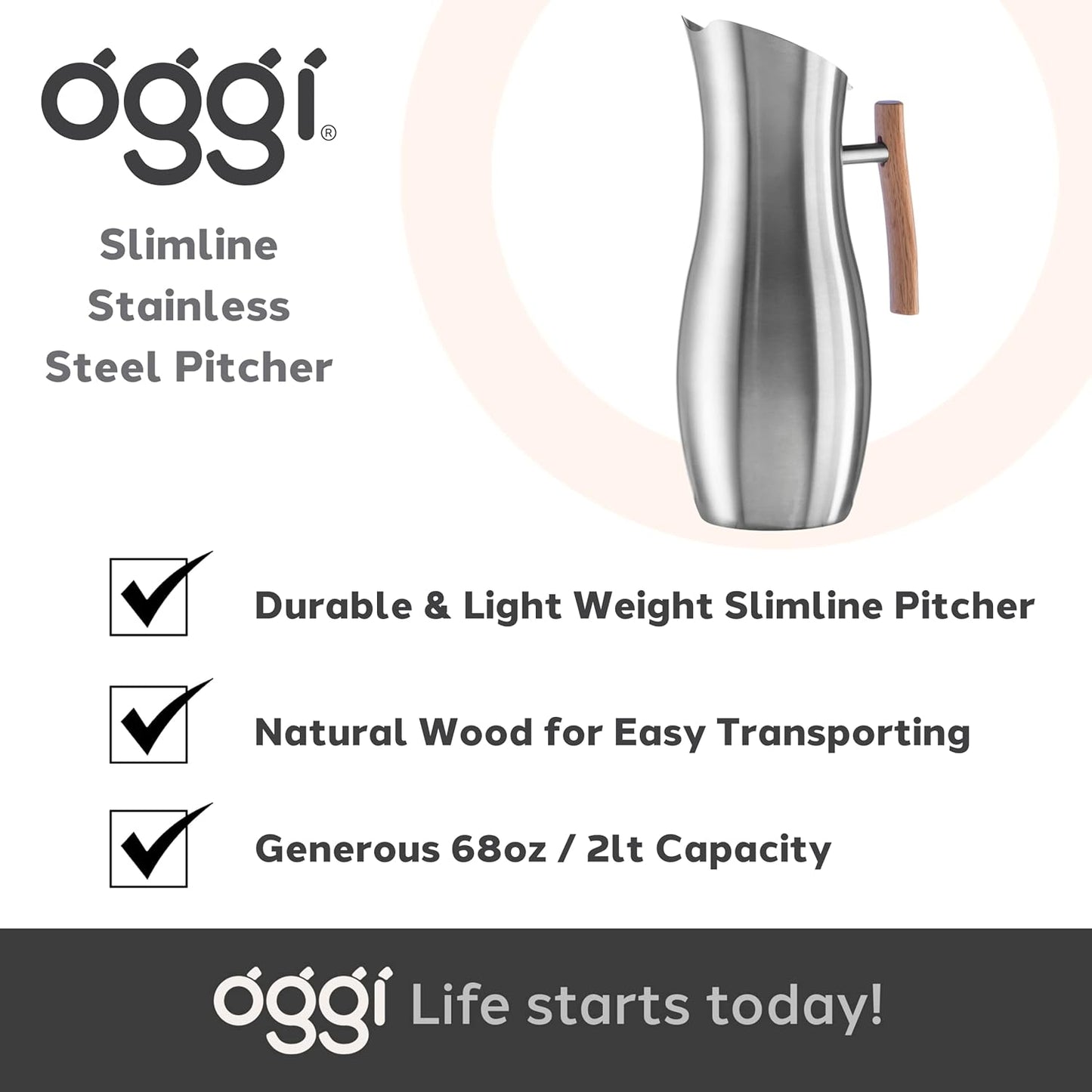 OGGI Slimline Stainless Steel Pitcher- Stainless Steel Water w/Ice Guard, Water Carafe, Great Metal Container for Entertaining, Ideal 68oz / 2 Lt Drink Pitcher