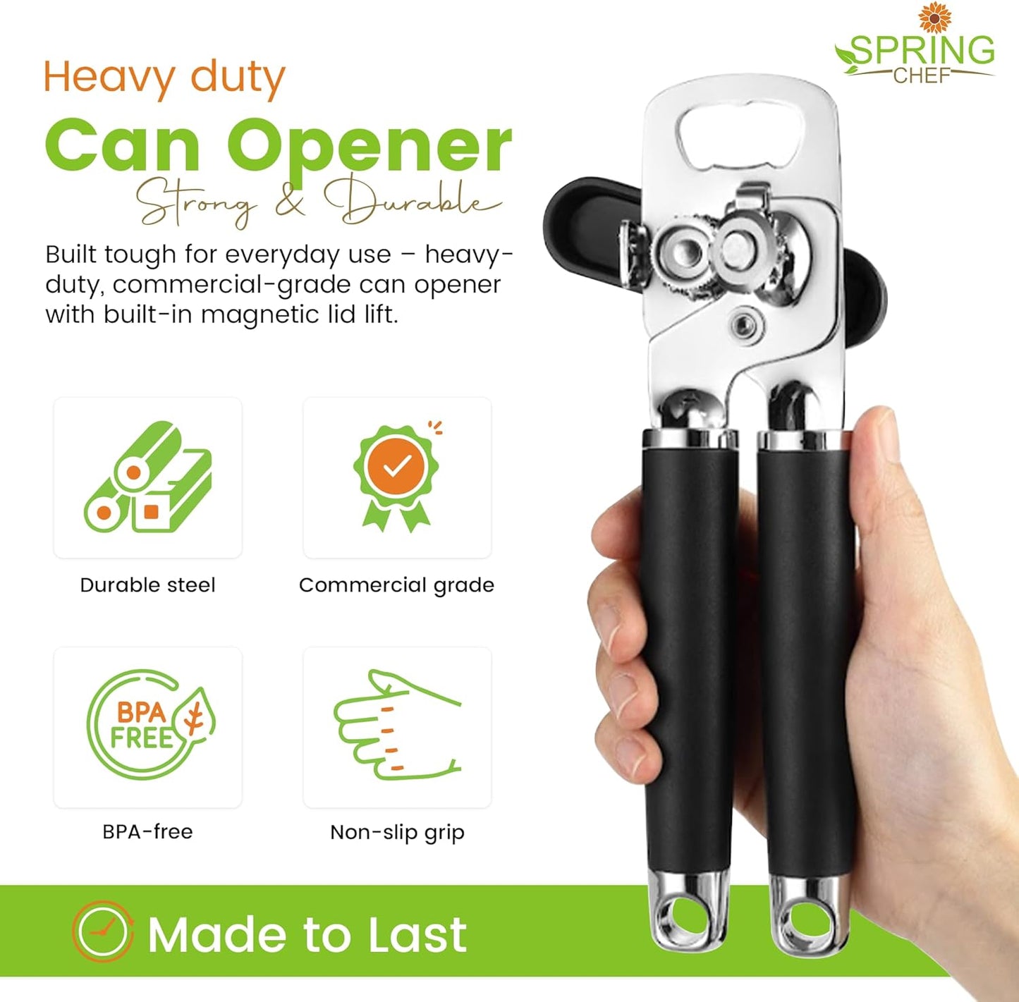 Spring Chef Stainless Steel Can Opener - Heavy Duty Manual Design with Soft Grip Handles - Black