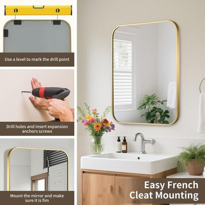 CLBA Gold Bathroom Mirror, 22x30 Inch Aluminum Frame Rectangle Mirror, Anti-Rust, Tempered Glass, Wall Mirror for Over Sink, Vanity, Bedroom, Entryway, Horizontal/Vertical
