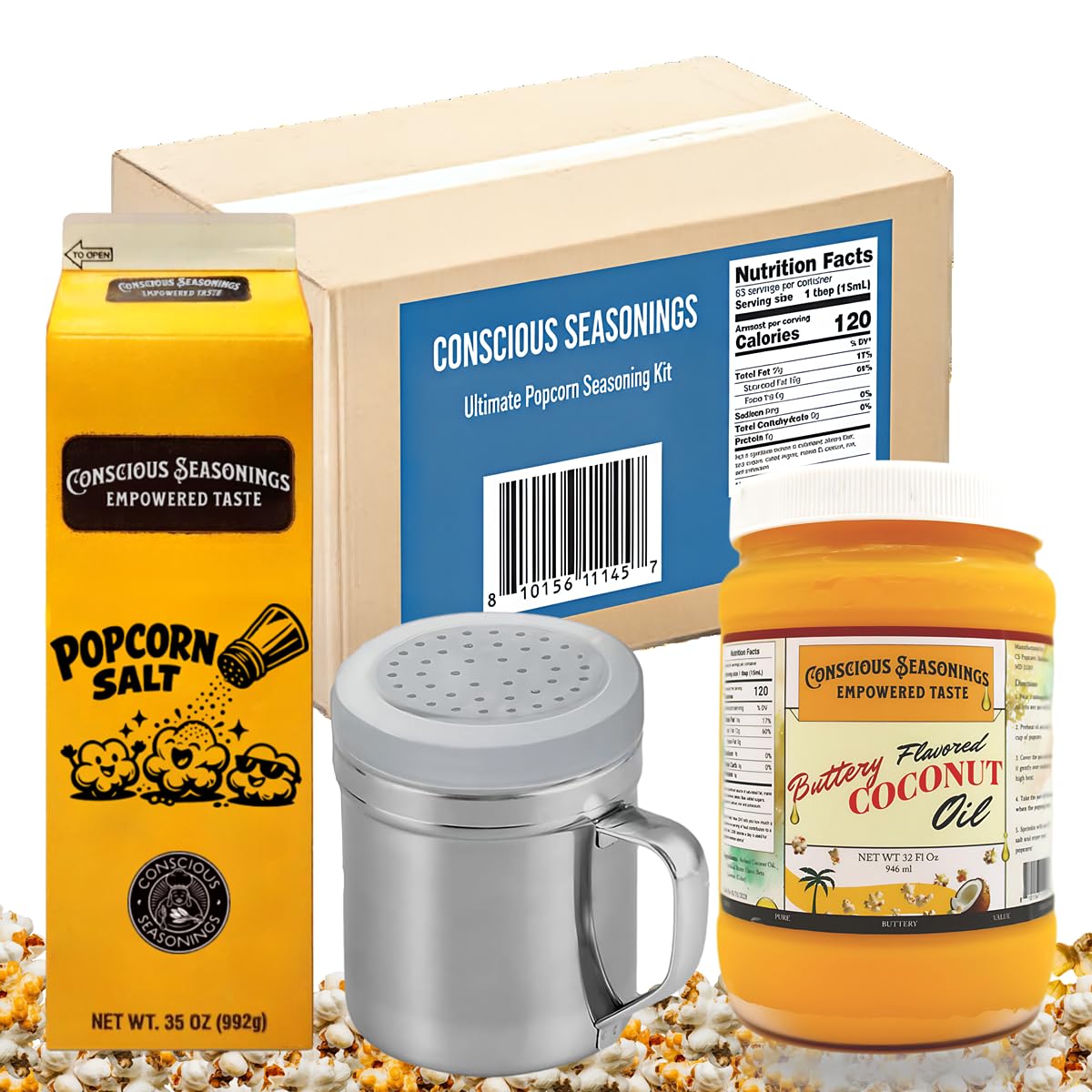 Ultimate Popcorn Seasoning Kit | Buttery Coconut Oil 32oz, Seasoning Salt 35oz & Steel Shaker 10oz