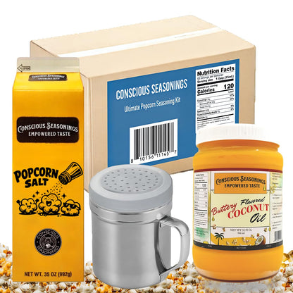 Ultimate Popcorn Seasoning Kit | Buttery Coconut Oil 32oz, Seasoning Salt 35oz & Steel Shaker 10oz