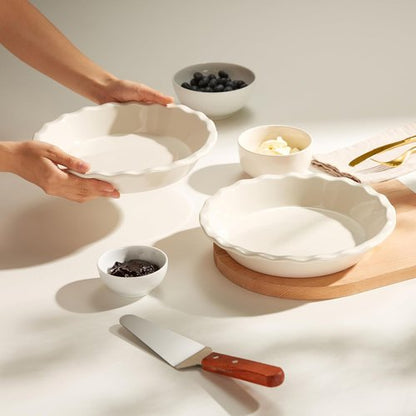KooK Ceramic Pie Pan - Reusable 9-Inch Round Baking Dish | Deep Wave Edge for Quiches & Tarts - Set of 2, Ivory