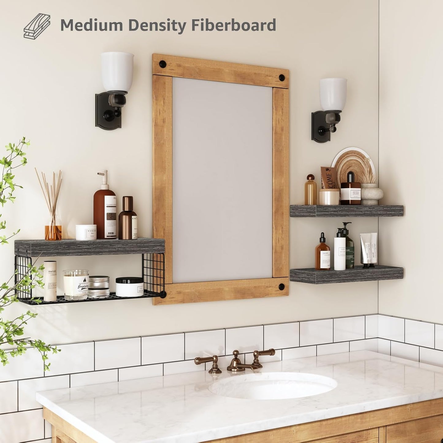 QEEIG Bathroom Shelves Over Toilet - Wall Mounted Floating Storage | Set of 3 Grey 16-Inch Farmhouse Decor