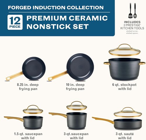 Farberware Forged Induction Ceramic Nonstick Cookware Set - 12 Piece Kitchen Essentials | Black & Gold, Dishwasher Safe