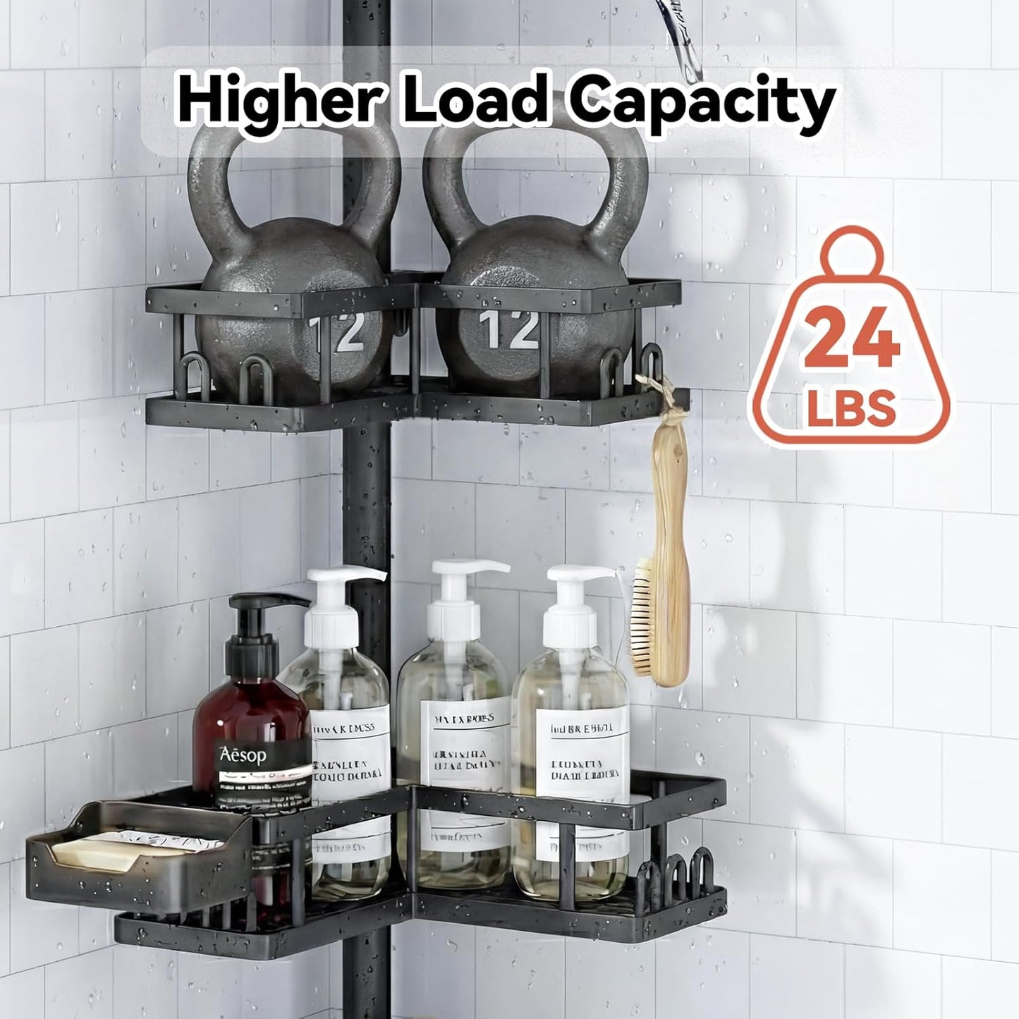 YASONIC Corner Shower Caddy - Adjustable Tension Pole Organizer | Rust-Resistant, No-Drill Installation, Black