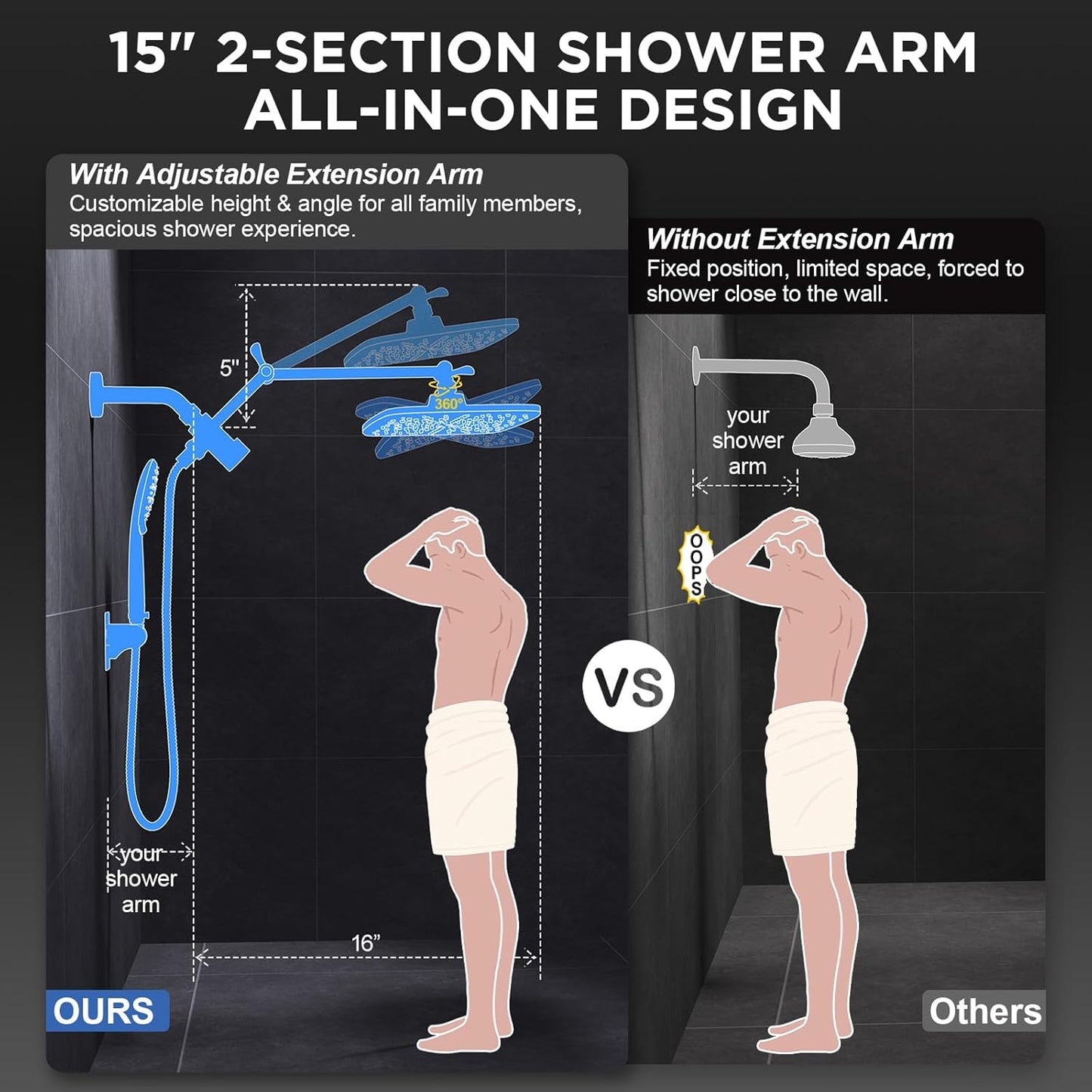 Veken 11.8" Rain Shower Head - High Pressure Handheld Shower with Multi Spray Modes | Matte Black