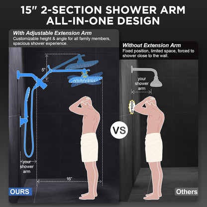 Veken 11.8" Rain Shower Head - High Pressure Handheld Shower with Multi Spray Modes | Matte Black