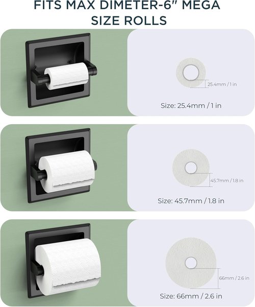 FORIOUS Stainless Steel Recessed Toilet Paper Holder - Space-Saving Wall Mount Design, Matte Black