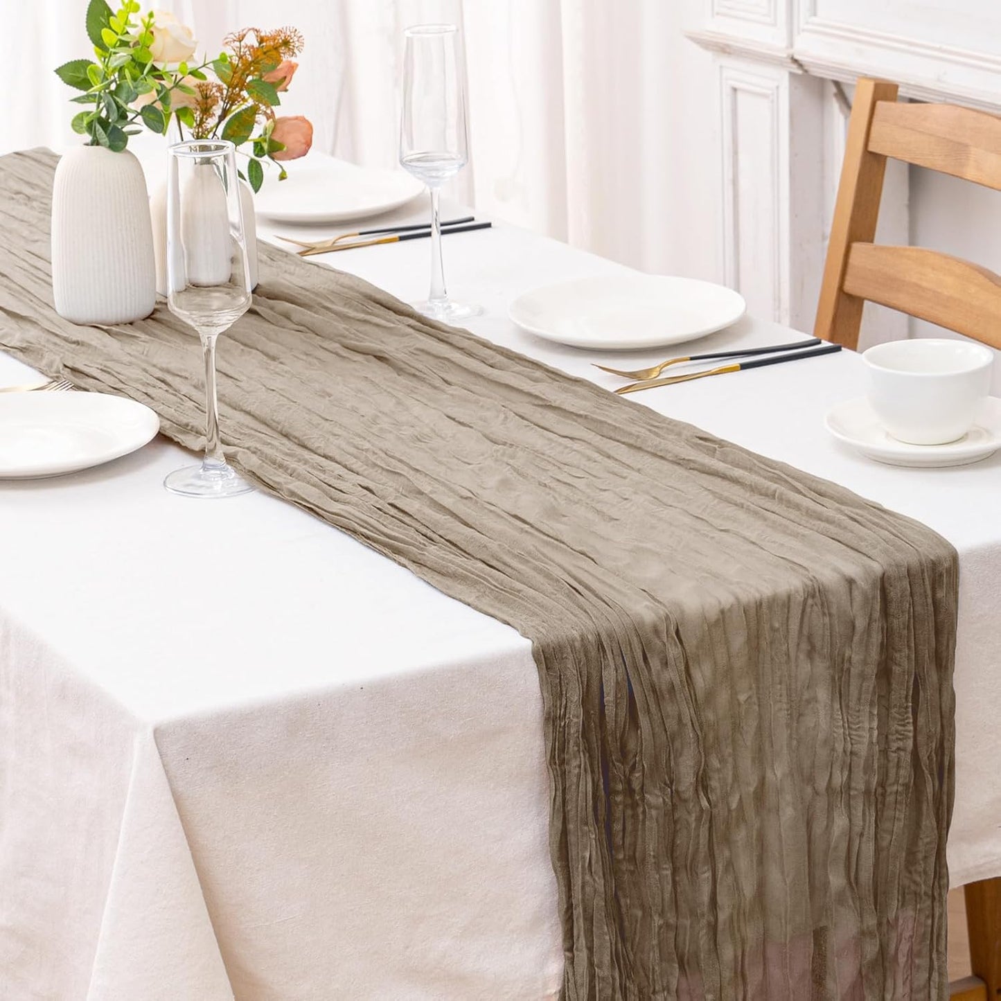 Skiennix Nude Cheesecloth Table Runner - 120 Inch Boho Rustic Decor for Weddings & Parties