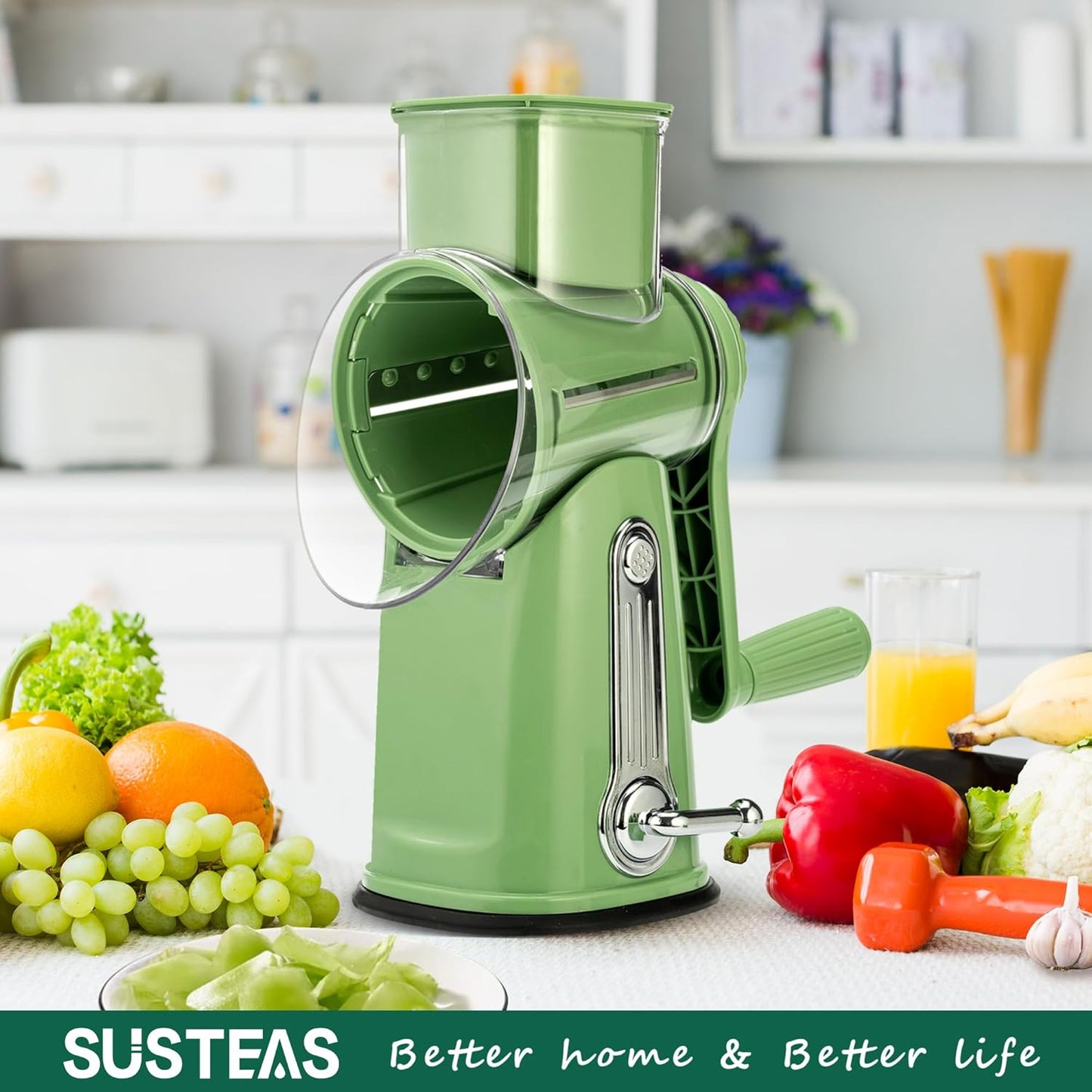 SUSTEAS Rotary Cheese Grater - Versatile Vegetable Shredder with 5 Blades & Strong Suction Base | Retro Green