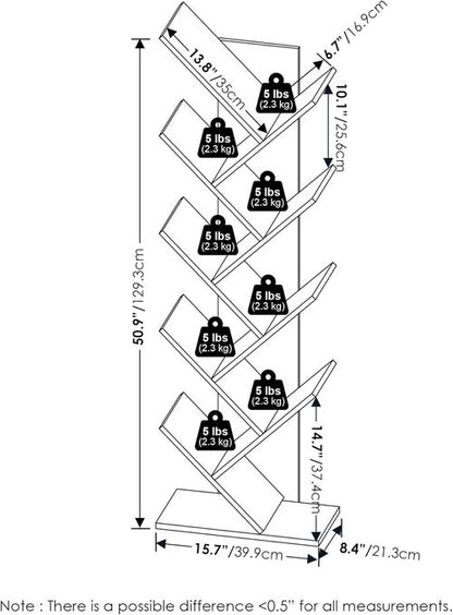Furinno TREE Bookshelf - 9-Tier Tree Bookcase with Angled Open Shelves | White, 8.4 x 15.7 x 50.9 Inches