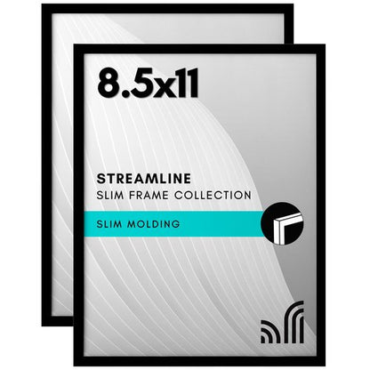 Americanflat 8.5x11 Picture Frame with Shatter-Resistant Glass - Set of 2 - Streamline Collection - Thin Border Photo Frame for Tabletop and Wall - Hanging Hardware and Easel Stand Included - Black
