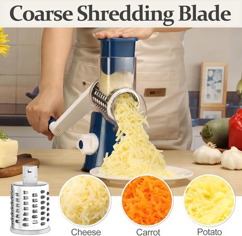 Cambom Rotary Cheese Grater - Hand Crank Shredder for Fresh Cheese & Vegetables | Deep Blue, Five Blades