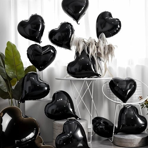 Black Heart Balloons - 18 Inch Romantic Foil Balloons | 12PCS Large Helium Balloons for Weddings & Parties