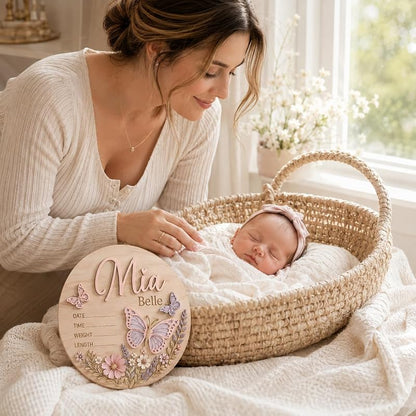 Personalized Baby Name Announcement Sign – Wooden Birth Plaque, Design 2