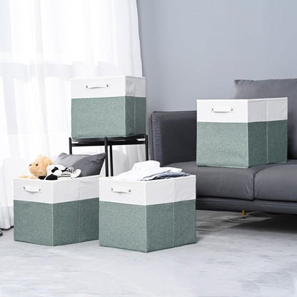 FinishingBo Storage Bins - 13x13 Inch Fine Linen Fabric Cube Organizers with Handles | White/Green - 4 Pack
