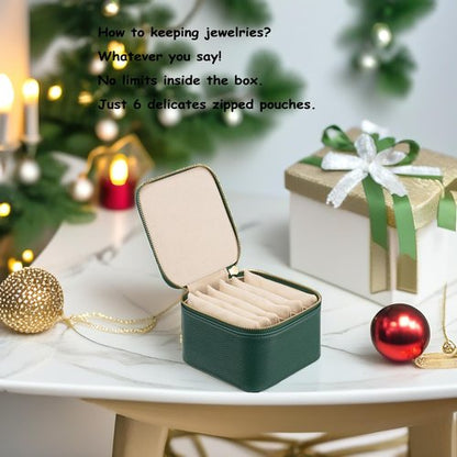 VLANDO Travel Jewelry Box Organizer – Portable PU Leather Jewelry Case with 6/8/12 Zippered Pouches, Compact Storage for Earrings Rings Necklaces Bracelets, Dark Green