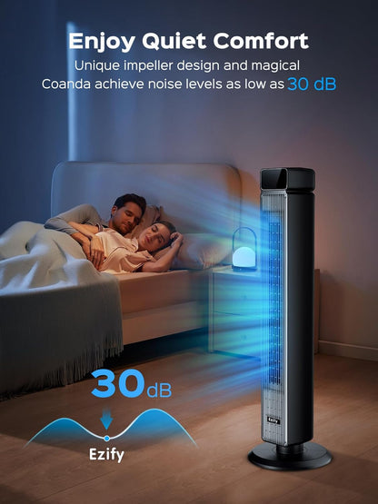 Tower 40-Inch Oscillating Fan - 25ft/s Velocity, 90° Rotation, Remote Control, 30dB Quiet, 6 Speeds & 12H Timer
