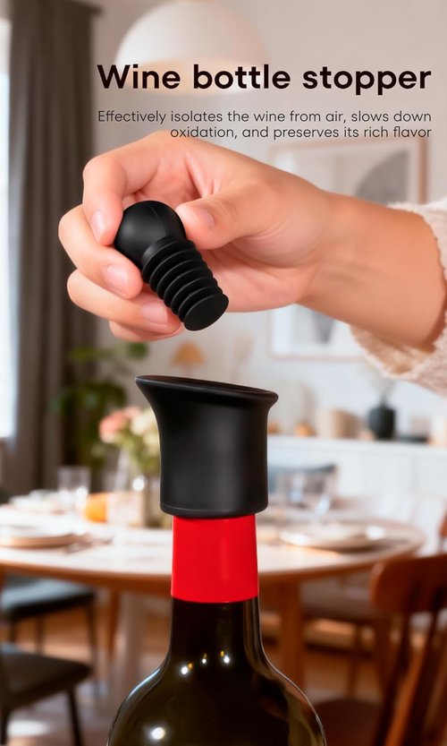 4pcs Black Wine Stopper，Red Wine Saver for Red Wine, Baijiu and Champagne with Filtration Pouring Function