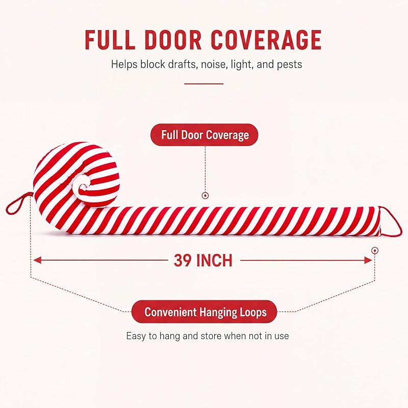 Weighted Christmas Door Draft Stopper 39 Inch - Candy Cane Design for Bottom of Door