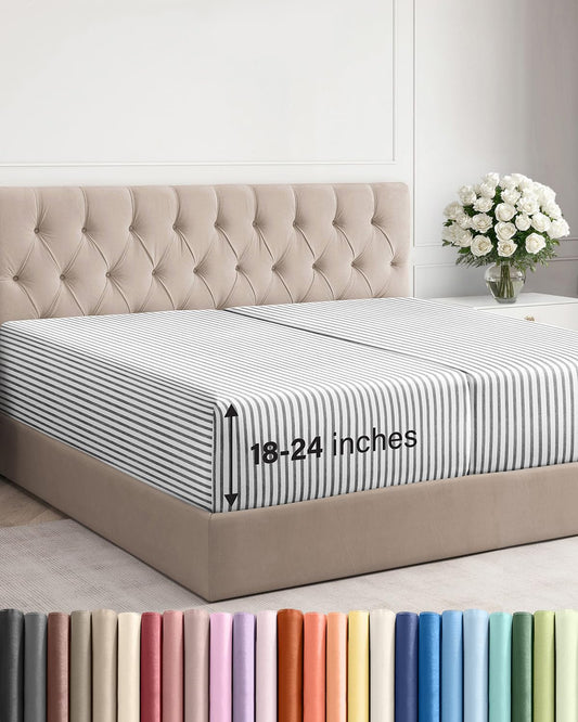 Extra Deep Split King Fitted Sheet - Hotel Luxury Single Fitted Sheet Only - Easily Fits 18 inch to 24 inch Mattress - Ultra Soft, Wrinkle Free w/Extra Deep Pocket - Breathable & Comfy - Grey Stripes