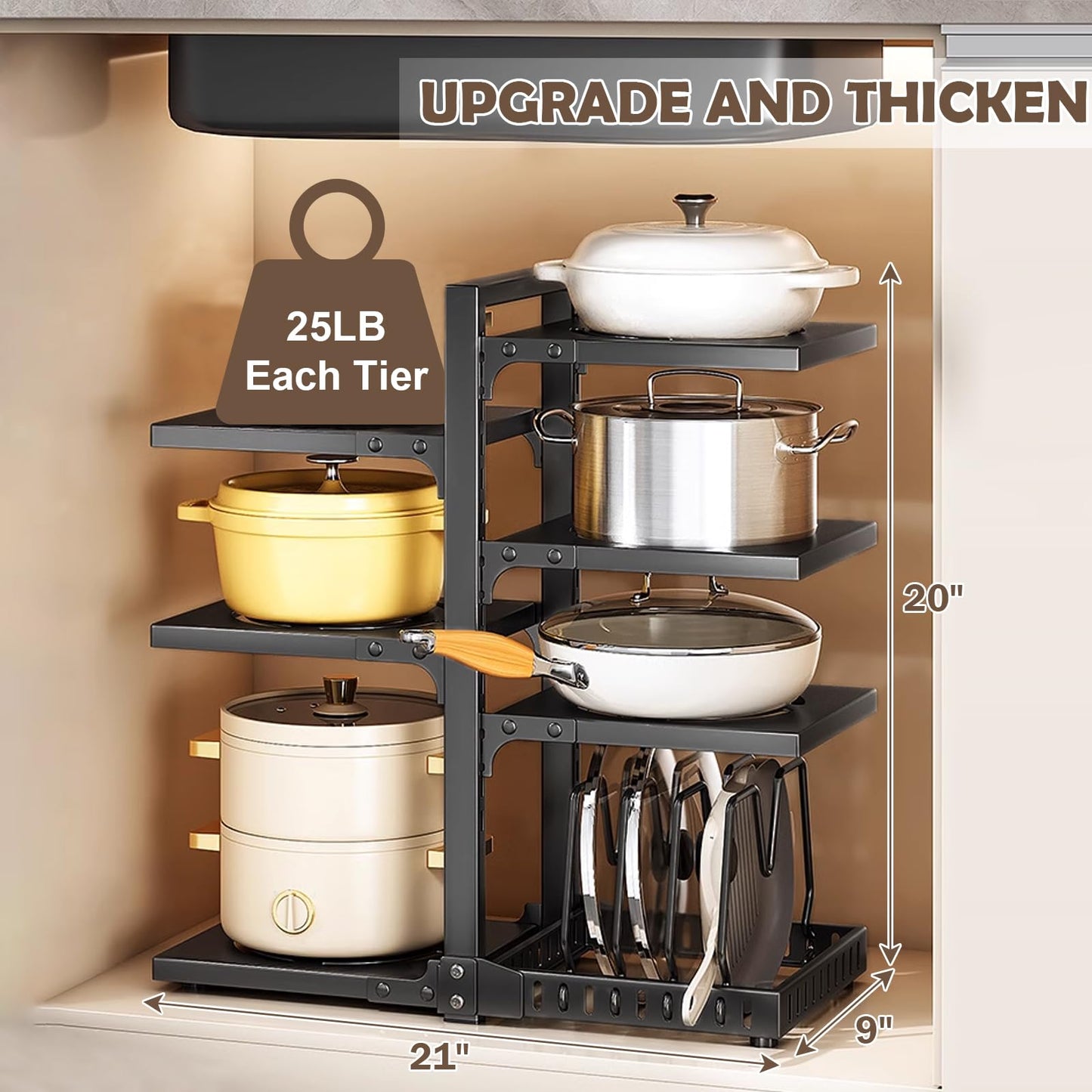 XPIY Pots and Pans Organizer under Cabinet, Cutting Board Pot Lid Storage Rack with 7 Adjustable Tiers and 10 Storage Units, Pan Holder under Sink, 25% Thicker Kitchen Metal Heavy Duty Pan Organizer