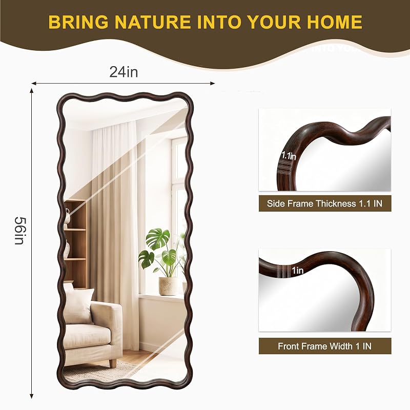Full Length Mirror 56" x 24" Wood Framed - Dark Brown Wavy Floor Mirror (Variation: 56"L x 24"W)