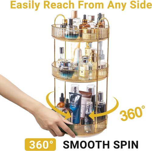 Asayuee 360° Rotating Makeup Organizer - Large Capacity Vanity Storage for Skincare & Perfume (Gold)