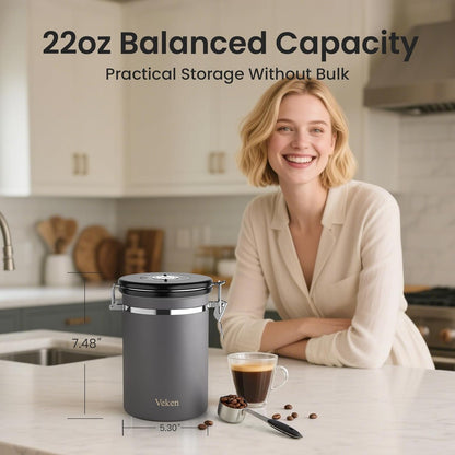 Veken Coffee Canister - Airtight Stainless Steel Storage Container with Date Tracker & Scoop | 22oz Gray
