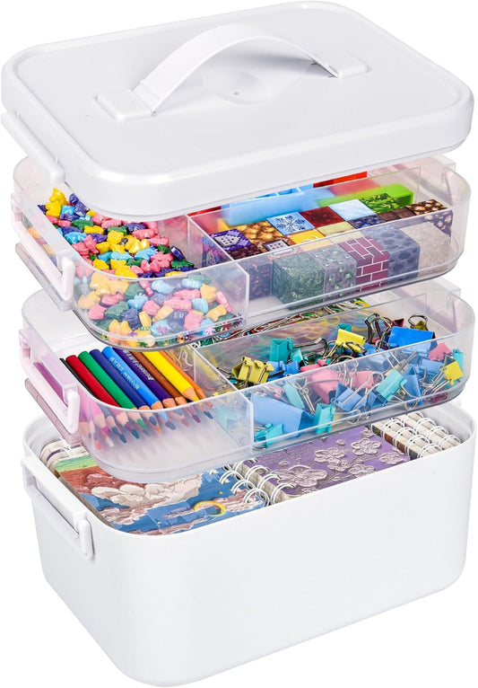 Skiennix 13.3 QT Stackable Craft Storage Organizer Box - White with 3 Removable Trays for Art Supplies | 11.1''x7.7''x9.1''