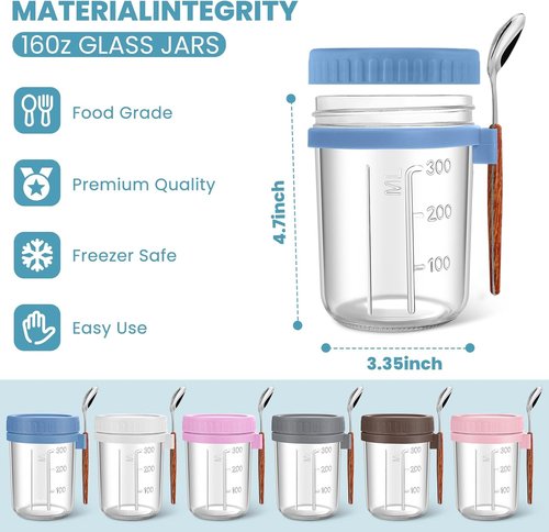 Glass Mason Jars by [Brand Name] - 16 oz Overnight Oats Containers with Airtight Lids & Spoons - 6 Pack