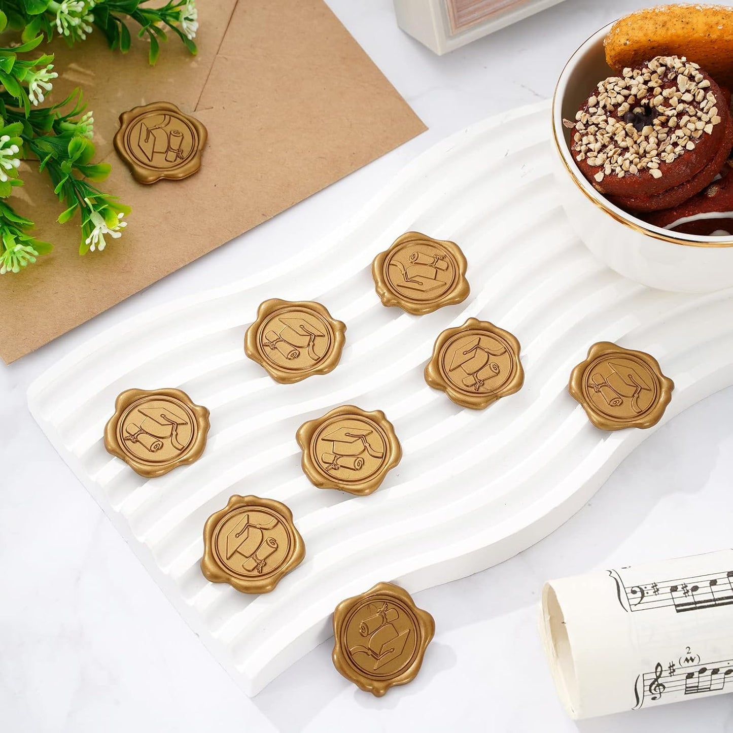 Whaline Graduation Wax Seal Stickers - 50 Pcs Gold 3D Self-Adhesive Caps for DIY Invitations & Gifts