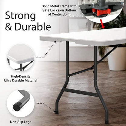 Foldable Table - 6 Feet Heavy Duty with Built-In Handle & Steel Legs | Perfect for Events, Picnics, and More