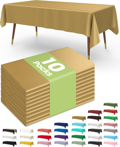 Pureegg Disposable Plastic Table Cloths - 10 Pack, 54 x 108 Inch, Leakproof & Sturdy for Graduation, Thanksgiving, Christmas - Gold