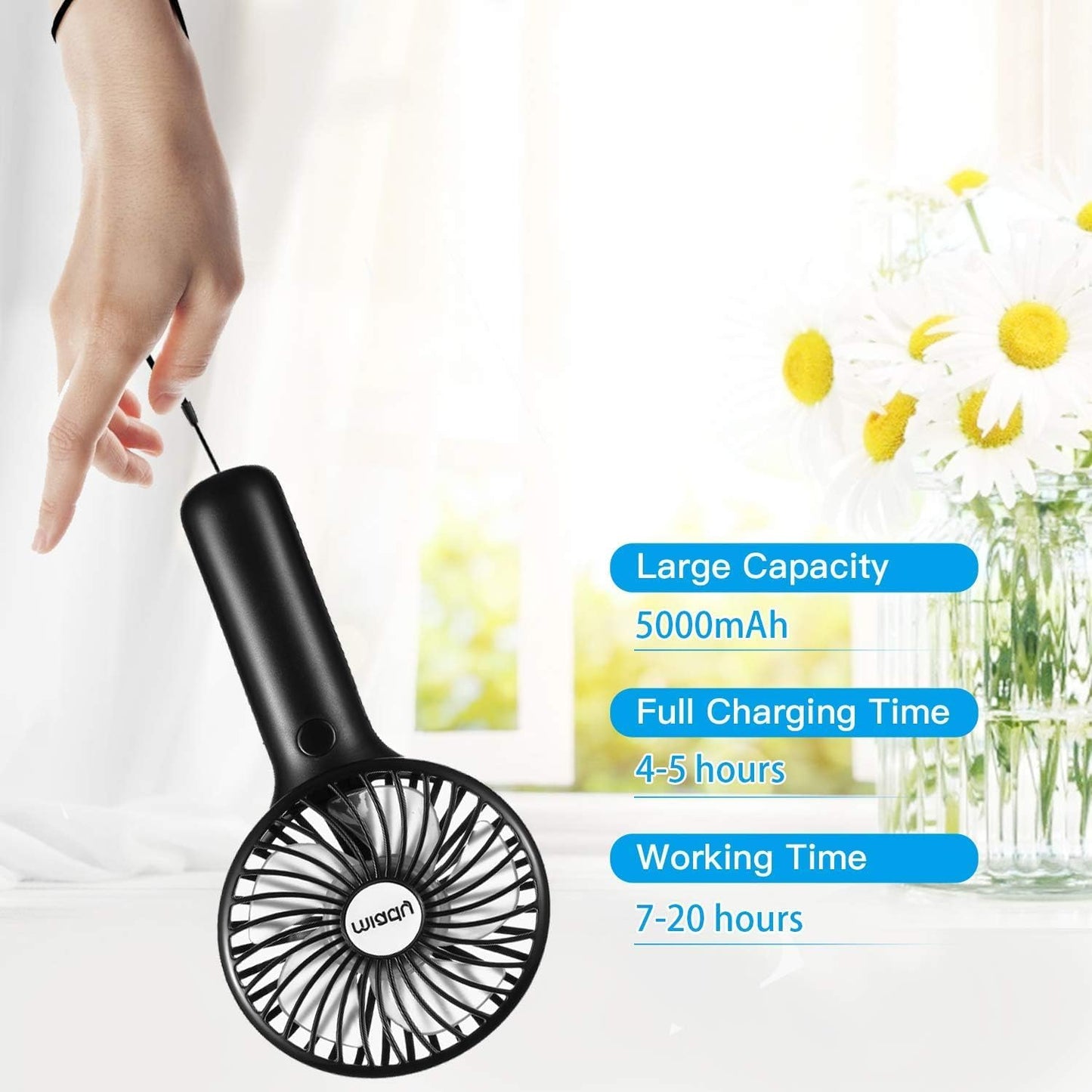 Miady Portable Handheld Fan - 5000mAh Mini USB with 3 Speeds | Strong Wind for Travel & Office
