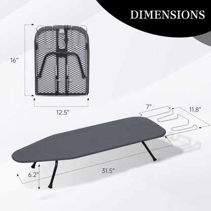 ZOES HOMEWARE Metal Mesh Panel Tabletop Ironing Board | Foldable Iron Board | Heavy Duty Small Iron Board with Heat Resistant Cover and 100% Cotton 8mm Thicken Pad | 31.5"x11.8"x6.2"