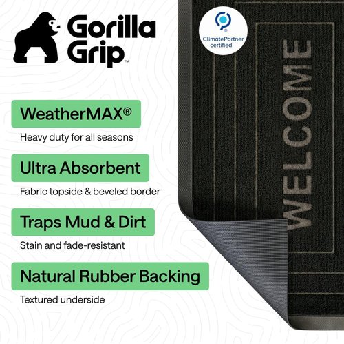 GORILLA GRIP Waterproof All-Season WeatherMAX Doormat - 35x23 Natural Rubber, Stain & Fade Resistant, Easy Clean Black