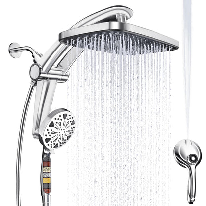 Rain Shower Head with Handheld High Pressure rainfall Shower Heads with Handheld Spray Combo Adjustable one-piece stand daul shower head Built-in Magnetic Docking and Power Jets-silver