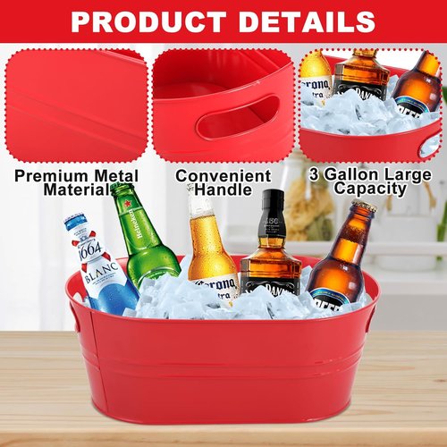4Pcs 3 Gallon Red Galvanized Bucket Ice Bucket Large Metal Drink Buckets for Parties Beer Beverage Tub with Scoops for Champagne Cocktails Wine Cooling for Mimosa Bar Supplies