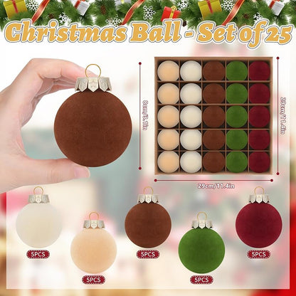 Velvet Flocked Christmas Tree Ornaments Set 25 Pcs 2.36in Multicolor Shatterproof Balls