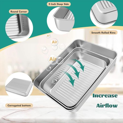 E-far Stainless Steel Baking Pans Set of 3 | Non-Toxic, Dishwasher Safe - 12.5/10.5/9.4 Inch Rectangular Trays for Lasagna, Brownies & Cookies