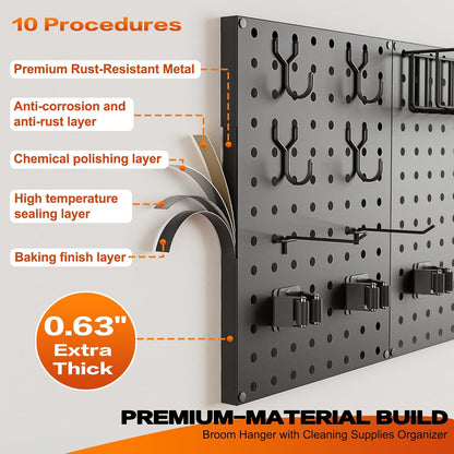Peg Board Wall Organizer by Broom Holder - Mop Hanger with Gripper Hooks & Basket for Laundry Room Storage