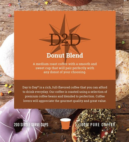Day To Day Coffee Donut Blend Medium Roast Coffee Pods - 200 Count Bulk Pack | Compatible with Keurig K-Cup Brewers