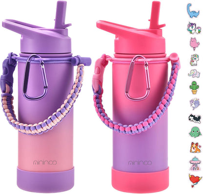 Mininoo Insulated Kids Water Bottle - 16oz Stainless Steel with Paracord Handle | 2 Pack for Boys & Girls