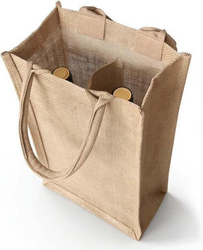 Jute Burlap 2 Bottle Wine Gift Tote Bags with Soft Cotton Handles Reusable for Wedding, Parties,Birthdays