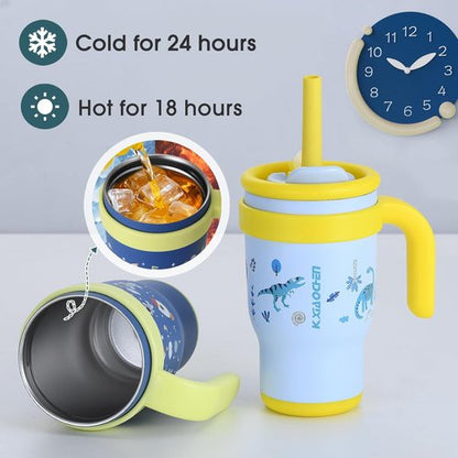 KXIAOCHEN Toddler Tumbler - Spill-Proof 14 Oz Insulated Stainless Steel | BPA-Free, Blue Dinosaur
