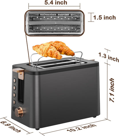 Mecity 2-Slice Stainless Steel Toaster - Extra Wide Slots, 6 Browning Settings, Timer & Functions | Grey