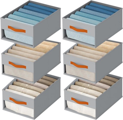 Homsorout Drawer Organizers - 6 Pack Foldable Fabric Pants Organizer with Clear Window & Handles | Grey