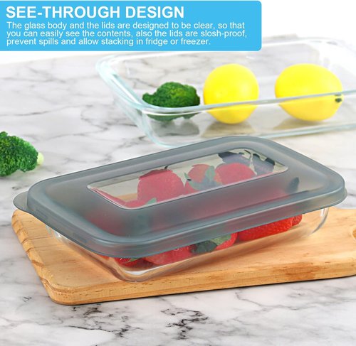KOMUEE Glass Baking Dish Set - 8 Pieces with Lids for Lasagna & Leftovers | Rectangular Bakeware in Gray